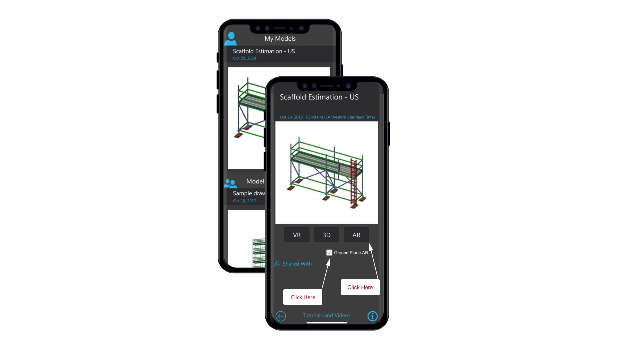 Avontus Viewer on a mobile device showing a scaffolding drawing with the option to select AR mode.