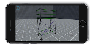 Avontus Designer on a mobile device showing a 3D image of scaffolding casters.