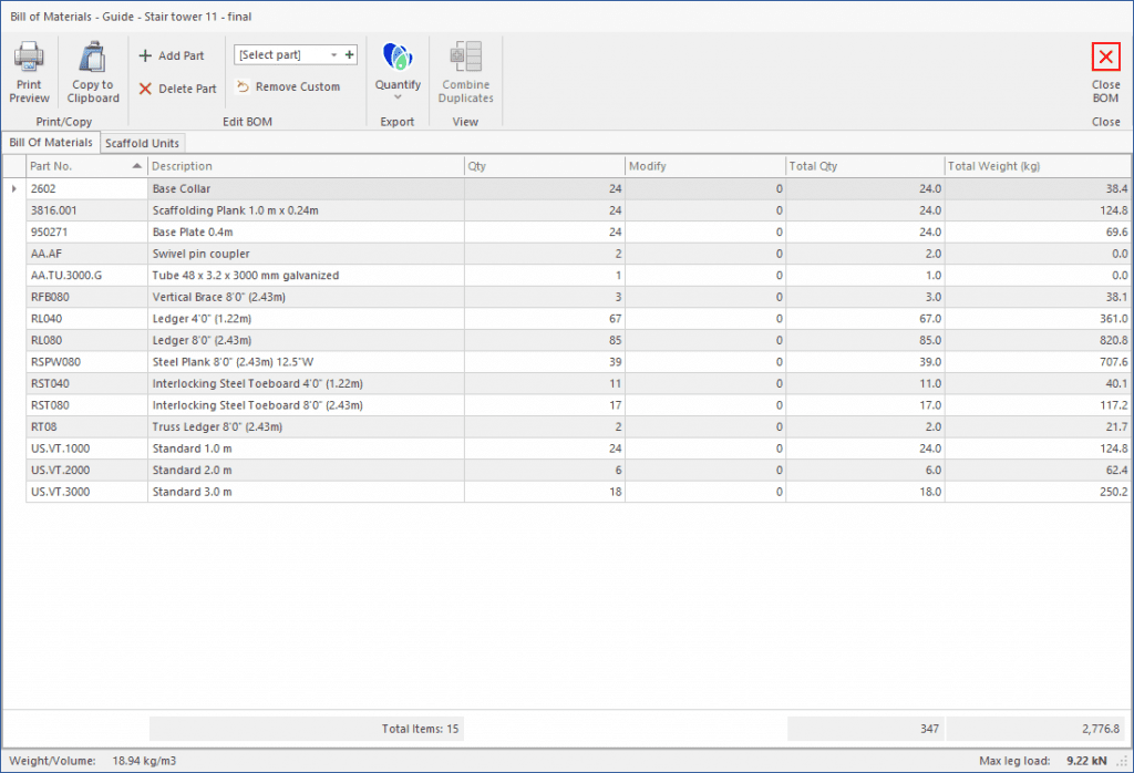 BOM list on Avontus Designer 