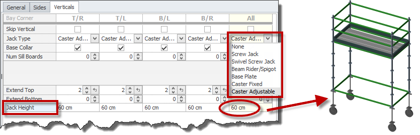 On the Verticals tab, you can adjust the length of any caster.