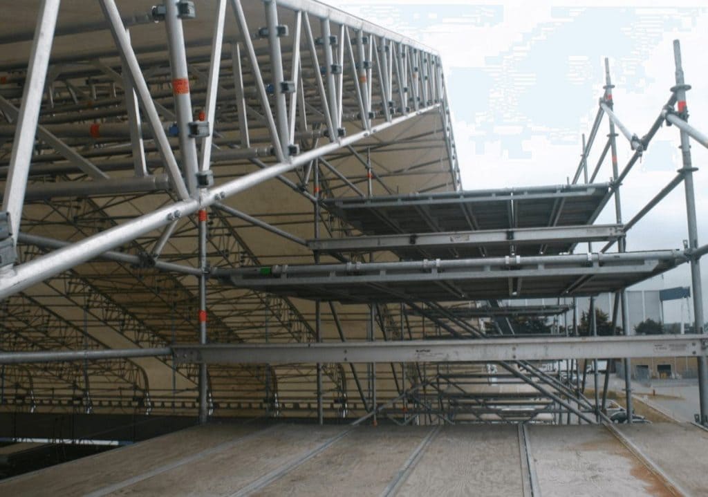 Complex scaffolding to support safety works.