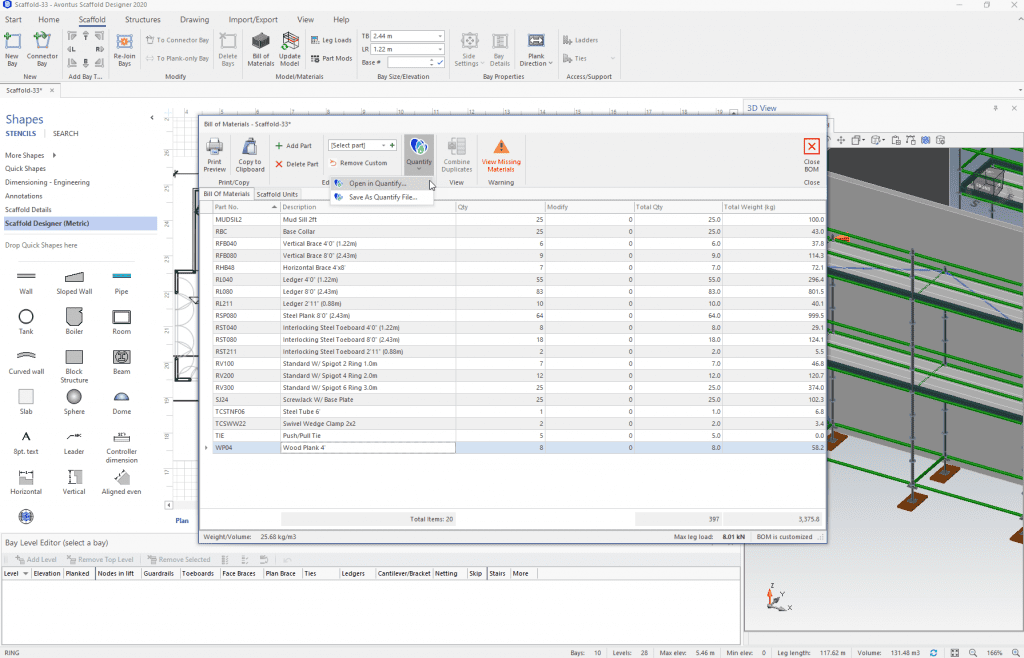 Screenshot of how Scaffold Designer integrates with Quantify.