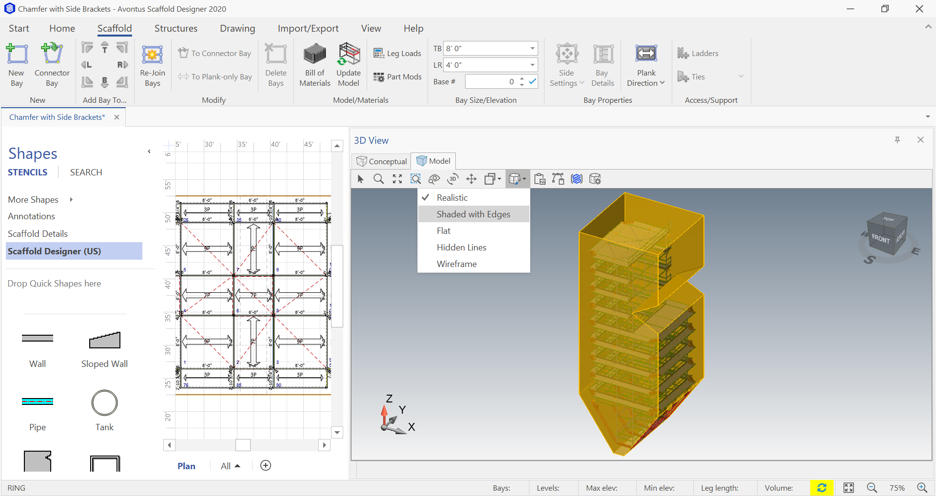 New shading modes are available with Scaffold Designer 2020 3D model view.