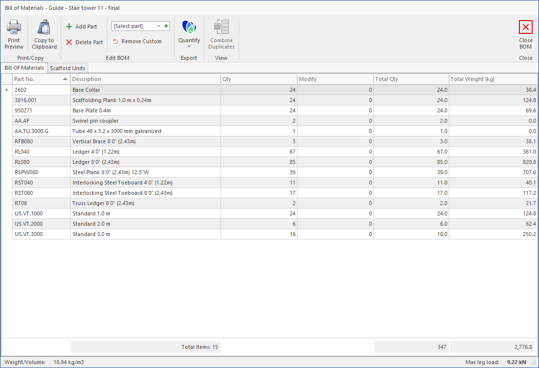 Screenshot of Bill of Materials (BOM) feature on Scaffold Designer.