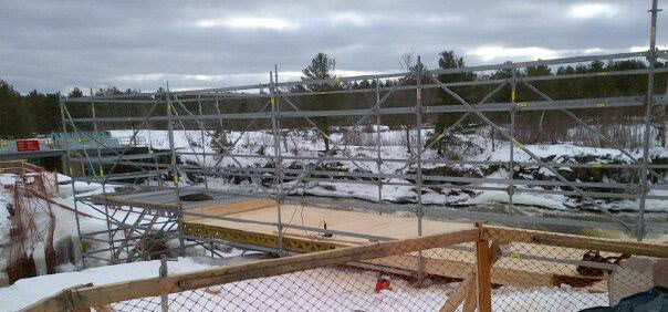 Scaffolding work in progress during winter.