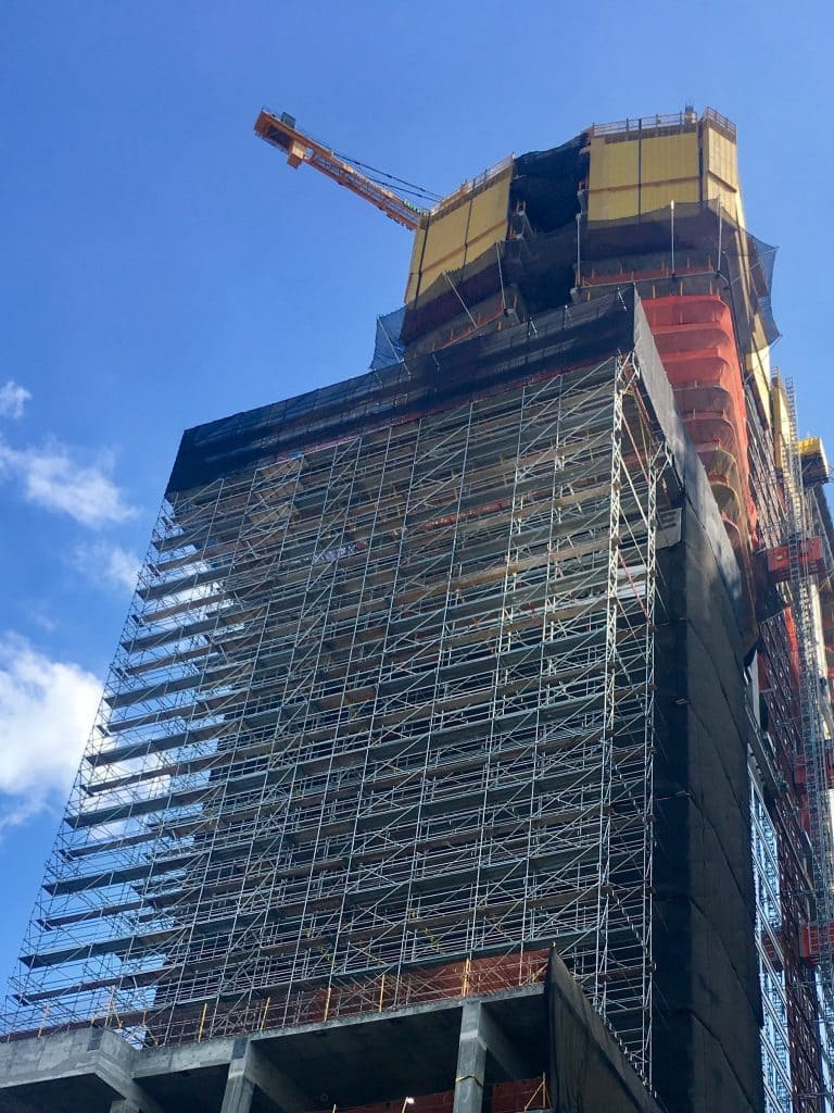 Scaffolding on a high-rise tower under construction.